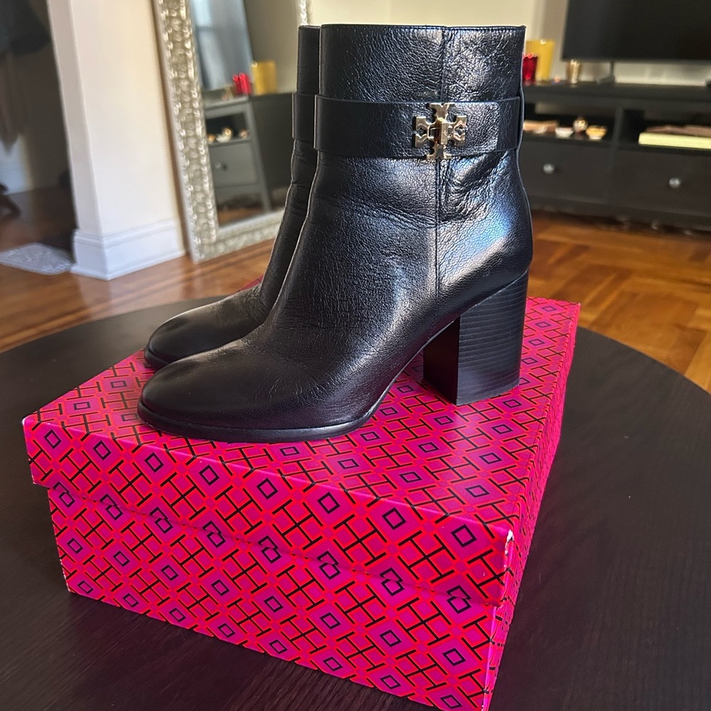 Tory Burch Black Ankle Booties with Gold Logo. As new only worn once!